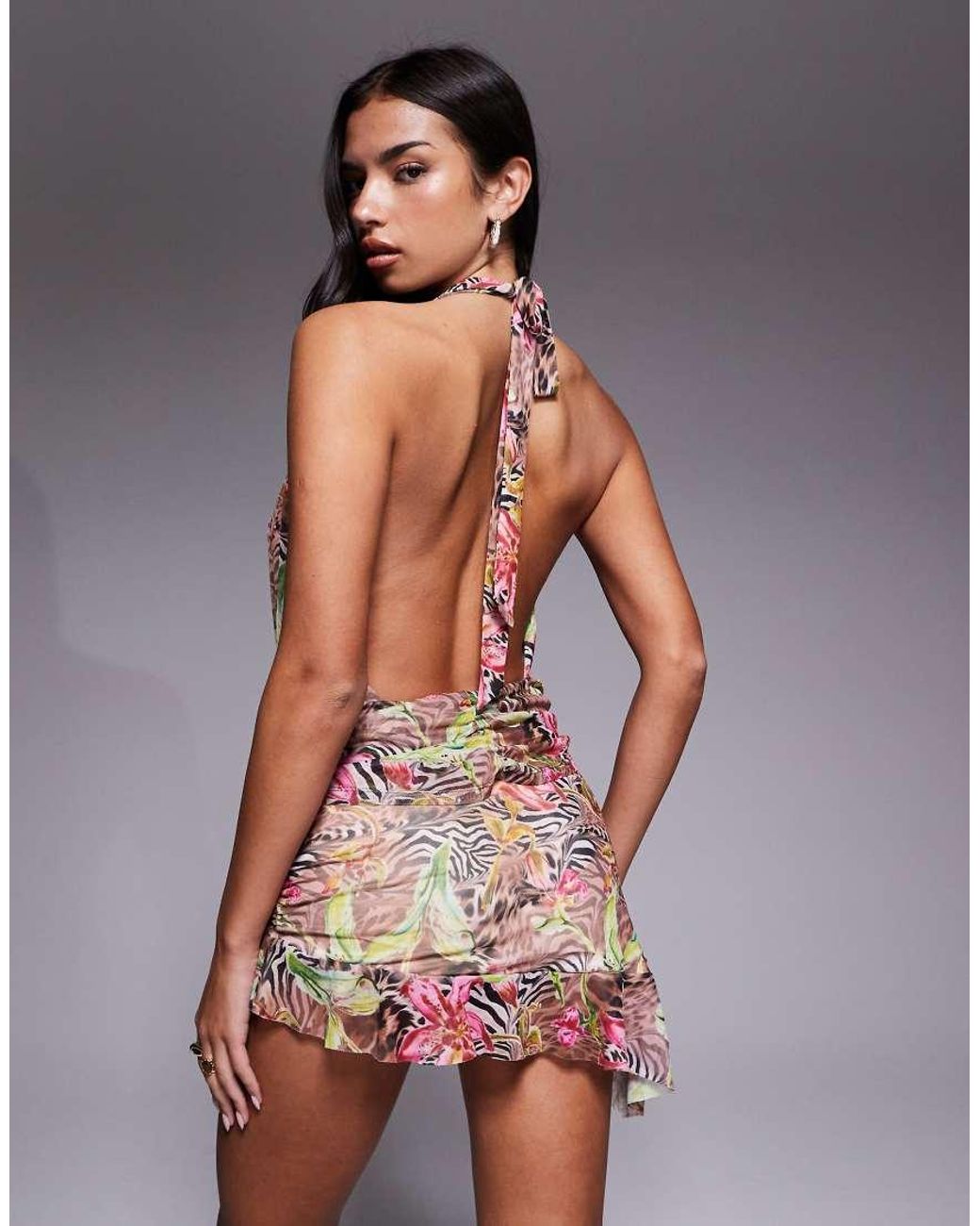 Edikted Gray Kora Mixed Print Backless Mini Dress