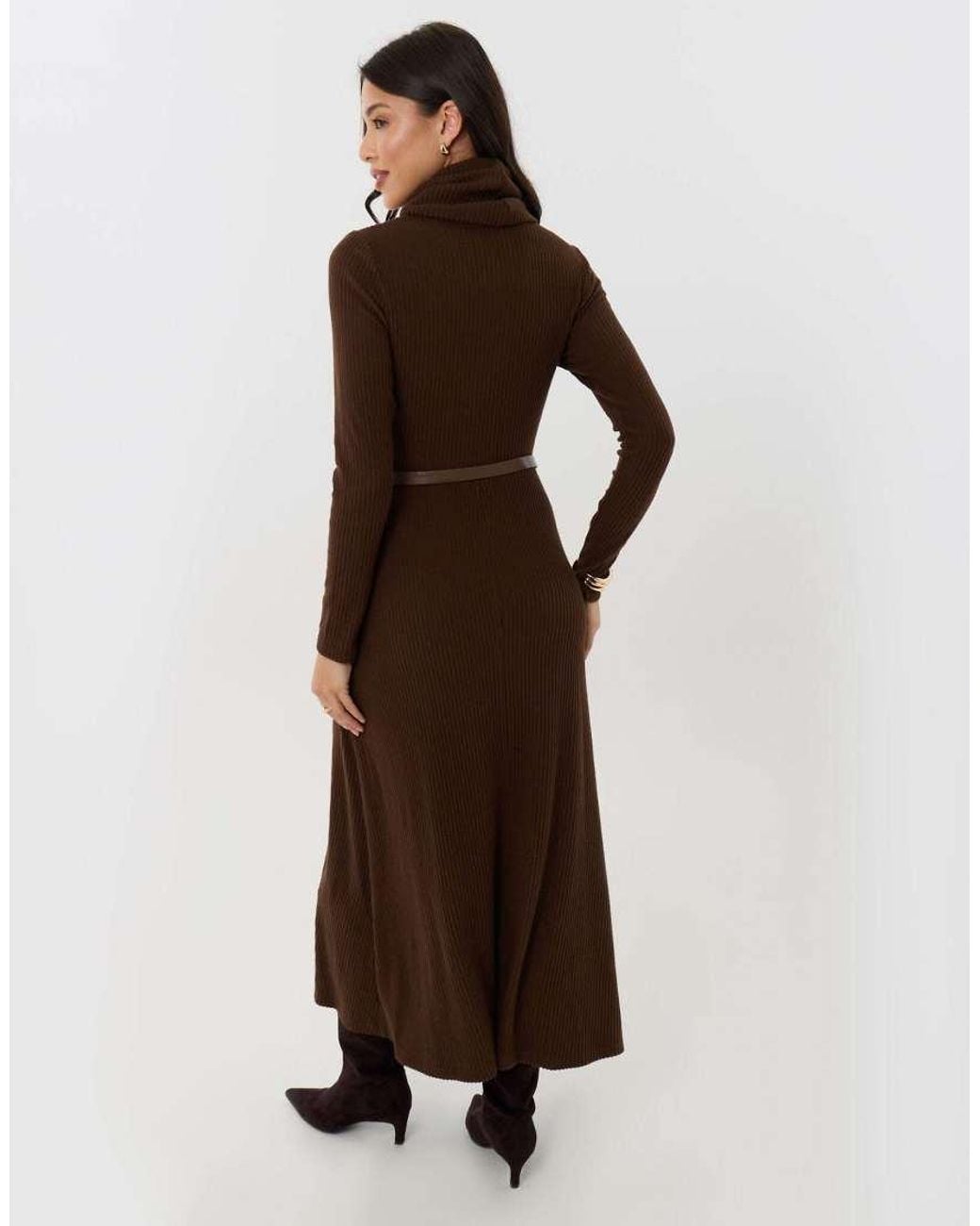 Threadbare Brown Petite Ribbed Roll Neck Maxi Dress With Belt
