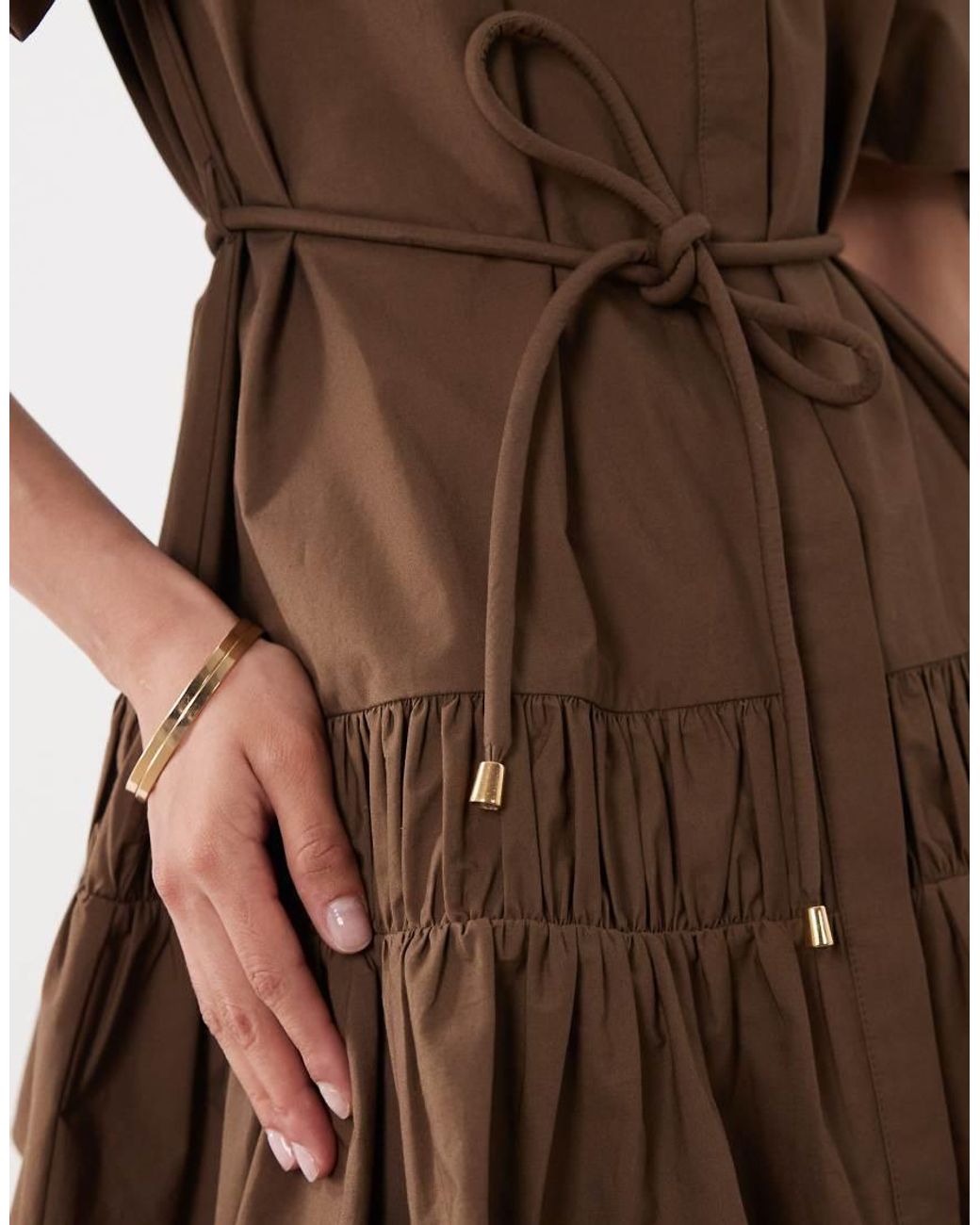 ASOS Natural Shirt Mini Dress With Puff Sleeve And Tie Detail