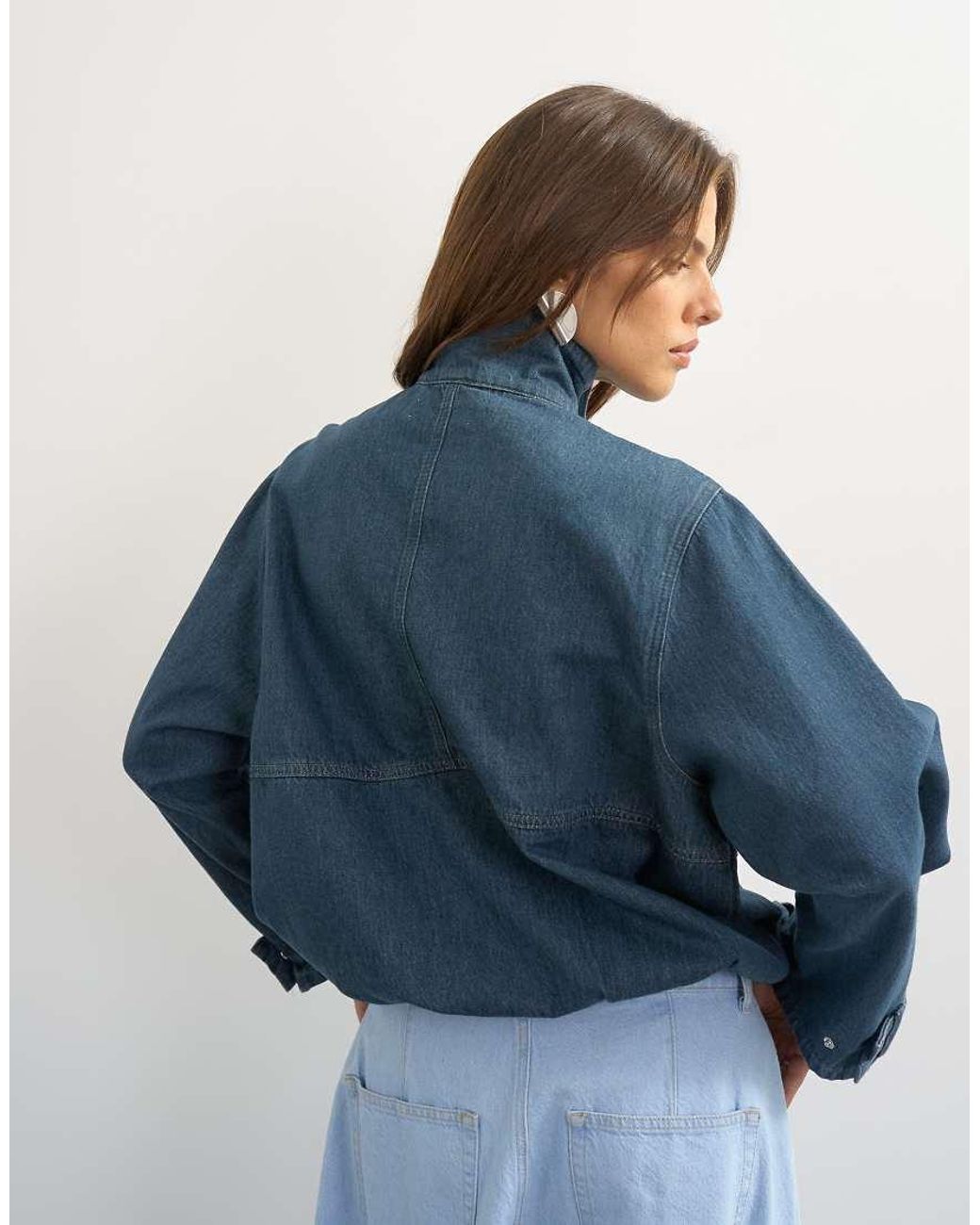 TOPSHOP Blue Denim Funnel Neck Bubble Hem Top