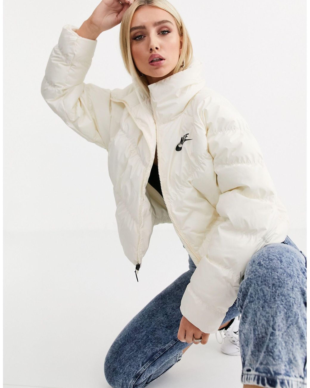 Nike Cream High Neck Puffer Jacket in Natural | Lyst Canada