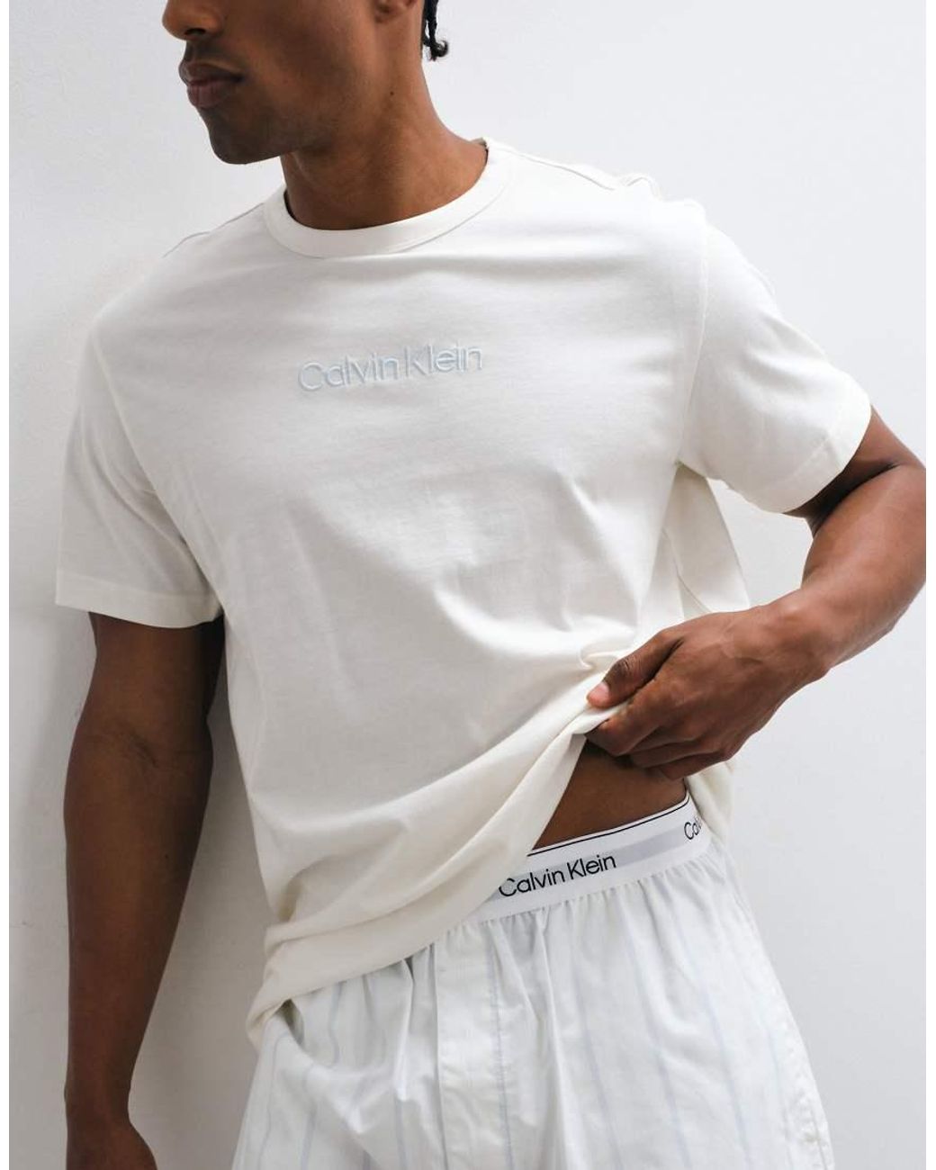 Calvin Klein White Cotton Poplin T-shirt And Stripe Short Set for men