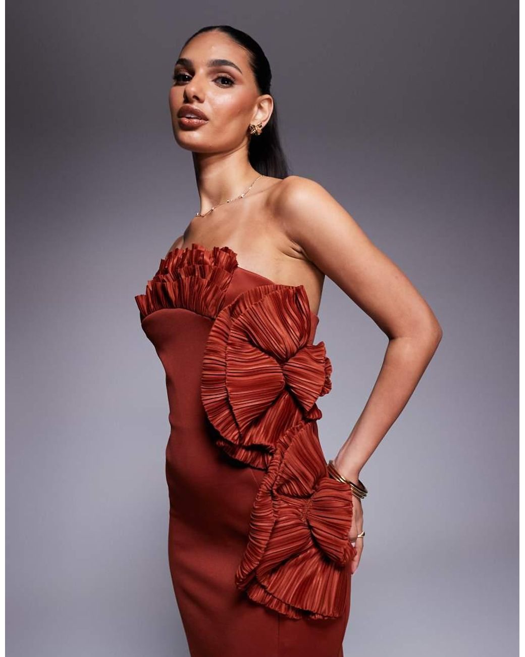 ASOS Red Bandeau Maxi Dress With Plisse Ruffle Fan Detail