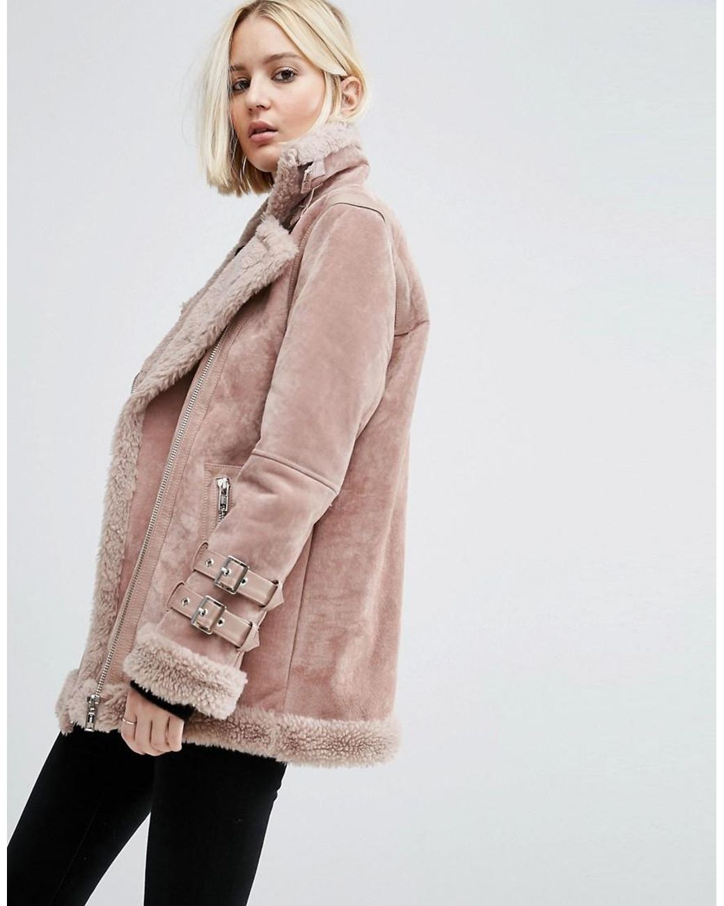 ASOS Suede Aviator Jacket With Faux Shearling in Pink Lyst