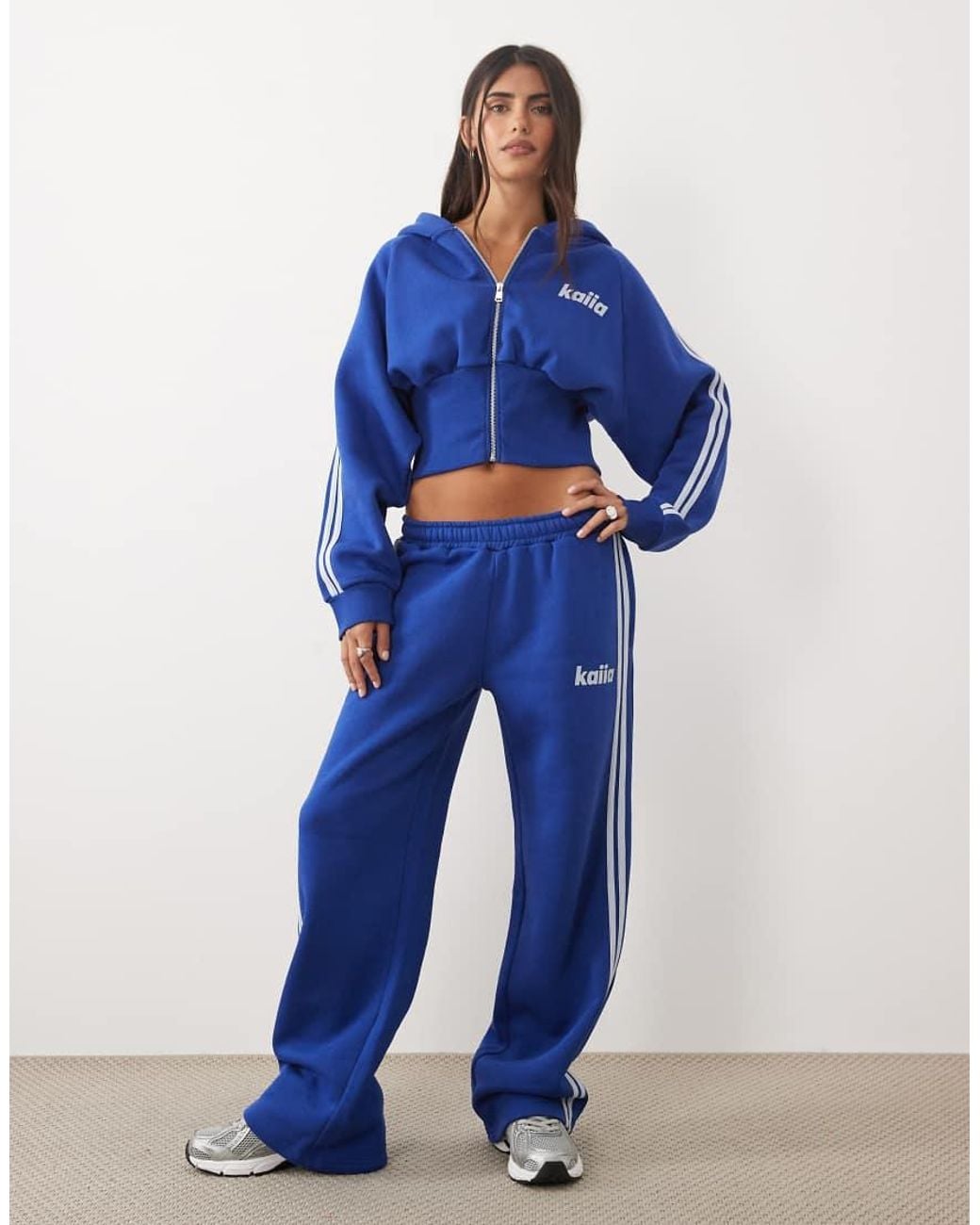 Kaiia Blue Cotton Rich Extreme Sleeve Cinched Waist Zip Through Hoodie Set