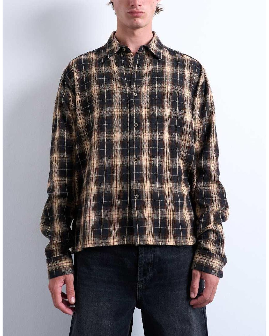 Topman Black Relaxed Fit Crop Flannel Shirt for men