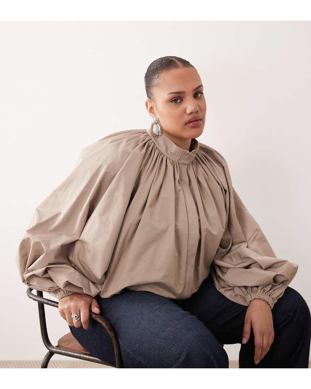 ARRANGE Brown Curve Oversized Bomber Jacket With Balloon Sleeve
