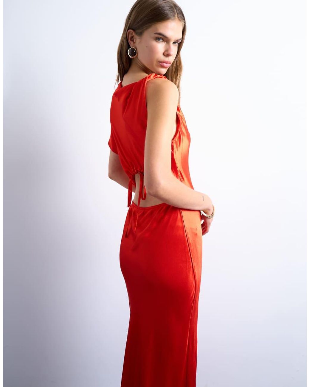 TOPSHOP Red Twist Shoulder Backless Midi Satin Dress