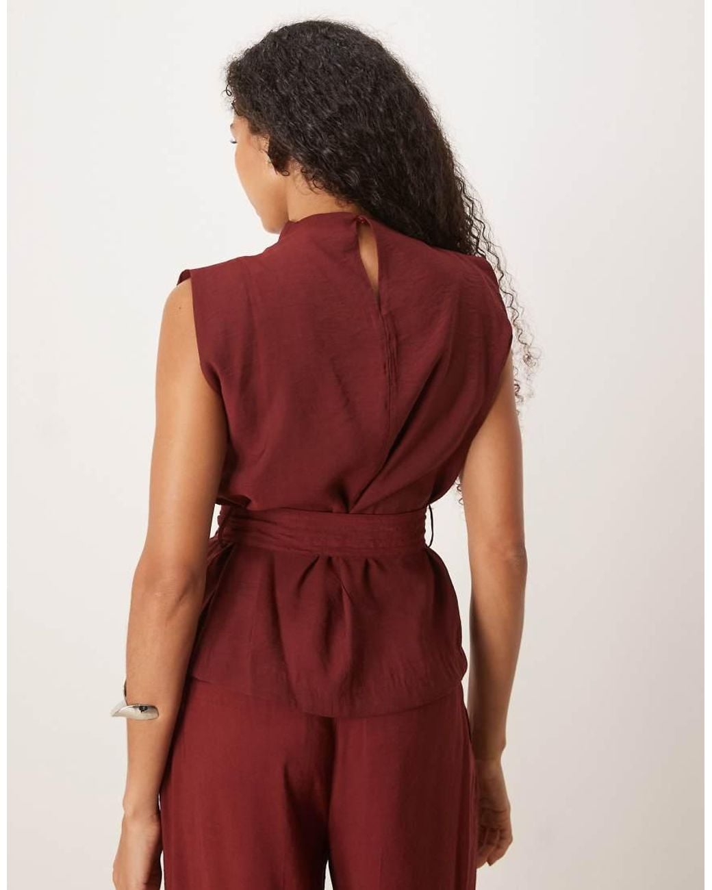 Mango Red High Neck Belted Sleeveless Top Co-ord