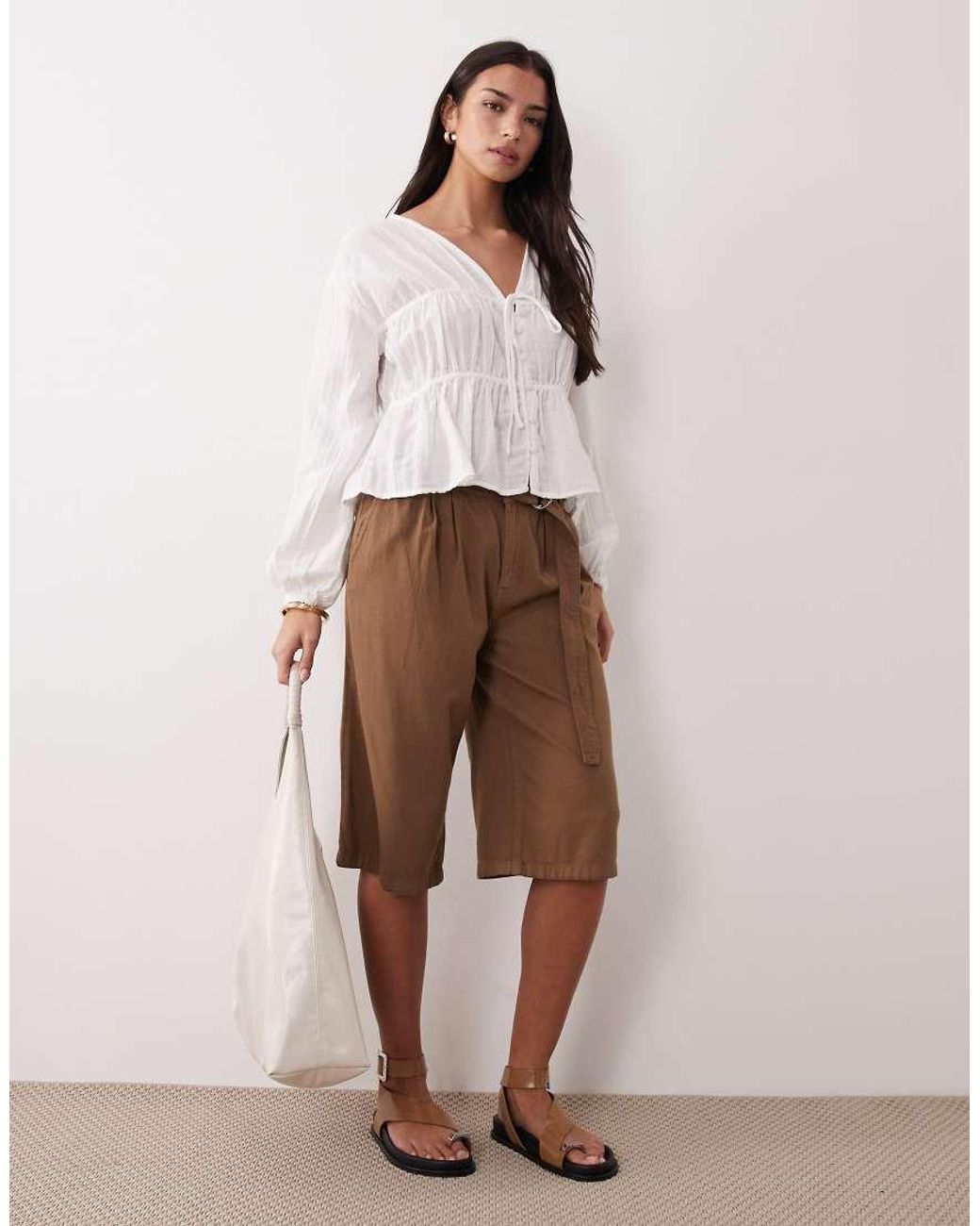 ASOS White Long Sleeve Smock Top With Button Front