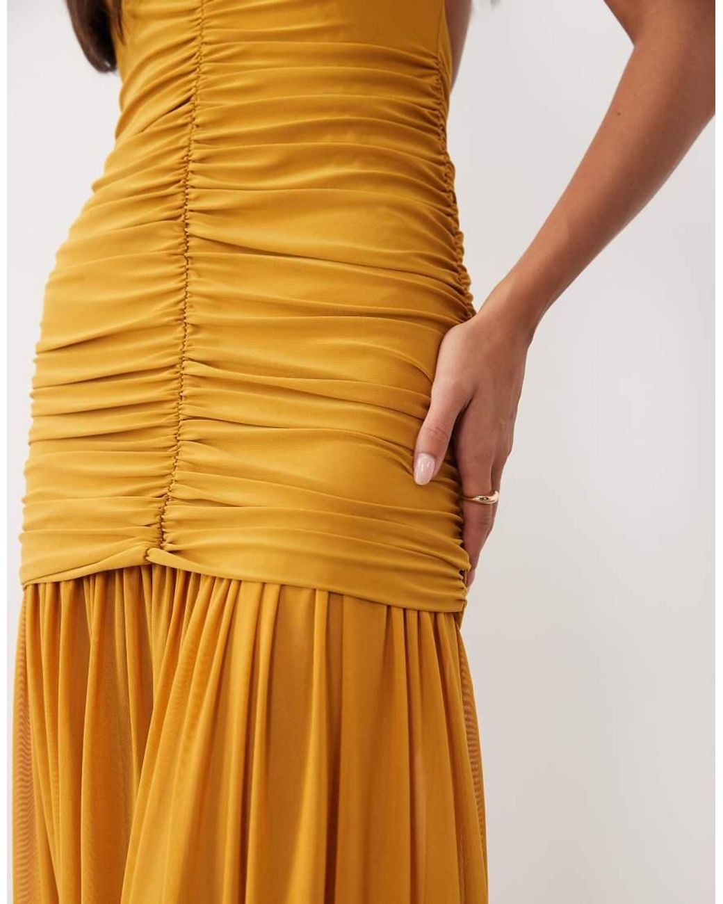 ASOS Natural Halter Neck Ruched Maxi Dress With Sheer Skirt