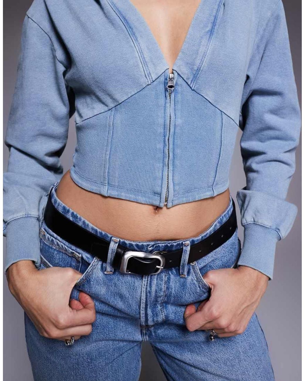 GOOD AMERICAN Blue Cropped Corset Detail Hoodie