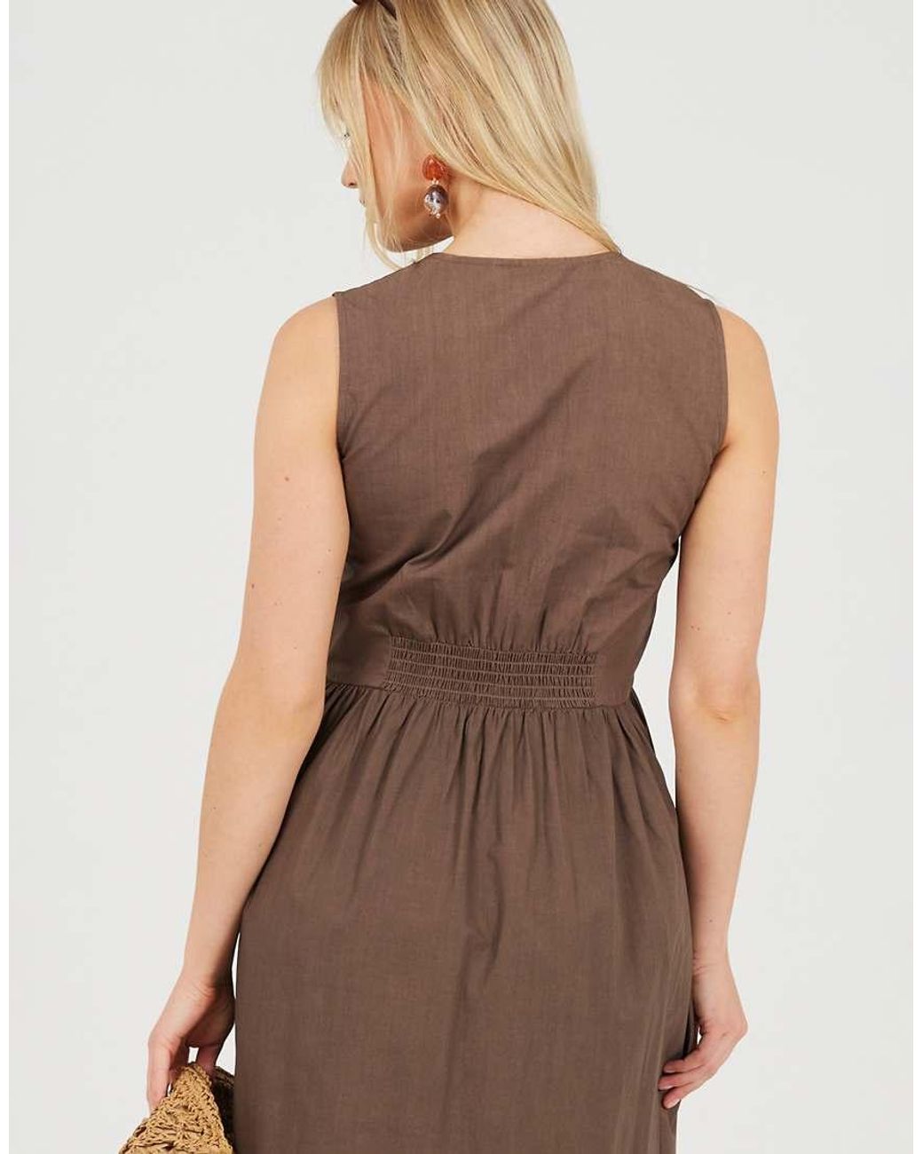 Brave Soul Brown Sleeveless V-Neck Button Down Midi Dress