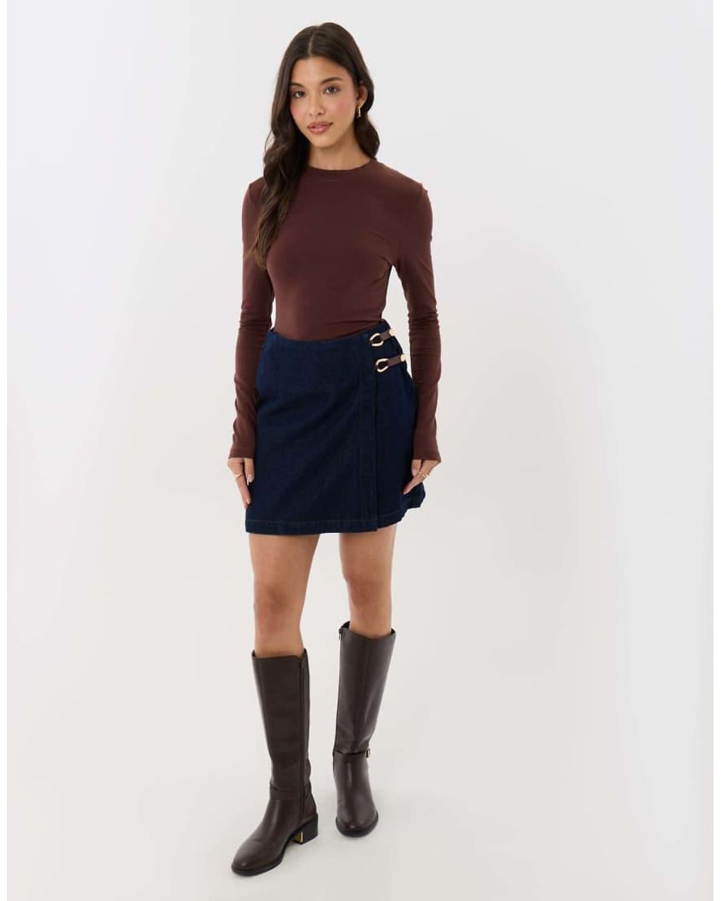 Threadbare Blue Pleated Denim Wrap Mini Skirt
