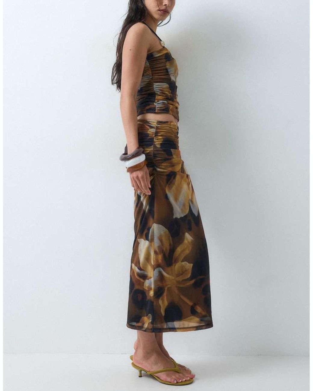 ASOS Natural Co-Ord Mesh Midi Skirt With Ruching