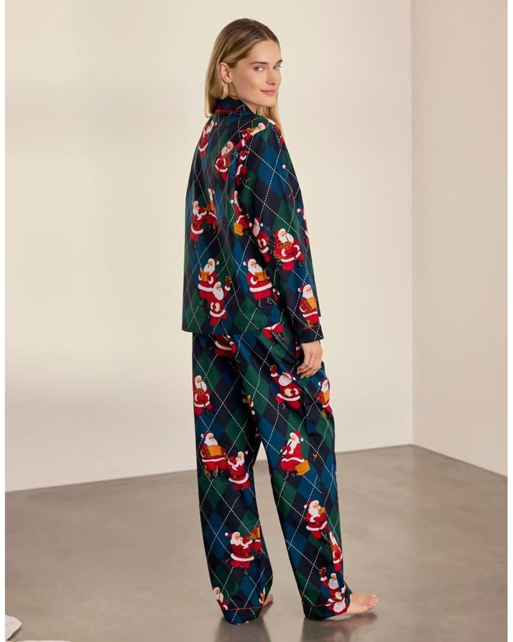 Chelsea Peers Blue Cotton Argyle Musical Santa Print Long Pyjama Set
