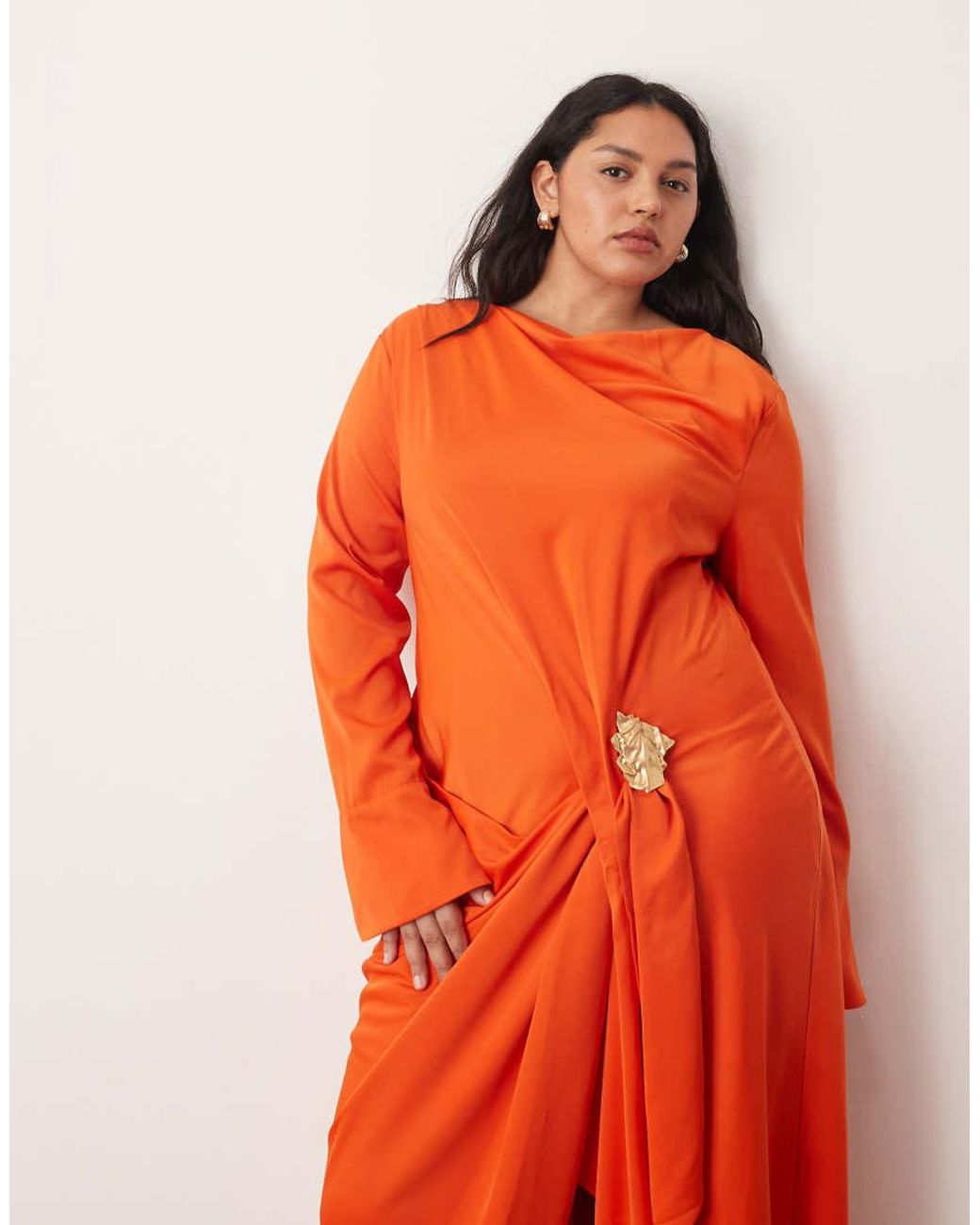 ARRANGE Orange Curve Long Sleeve Drape Maxi Dress With Molten Metal Trim