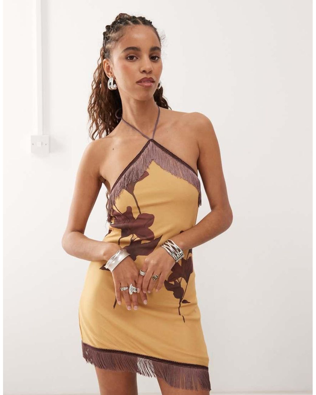 Motel Clooney Fringe Detail Floral Detail Mini Halter Dress in Natural |  Lyst UK
