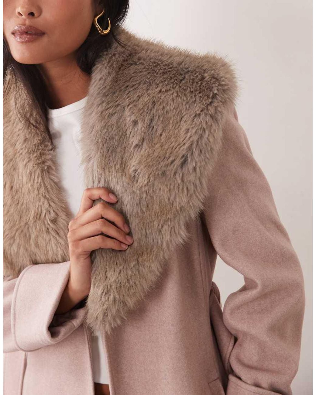 Miss Selfridge Natural Formal Wrap Coat With Fur Collar