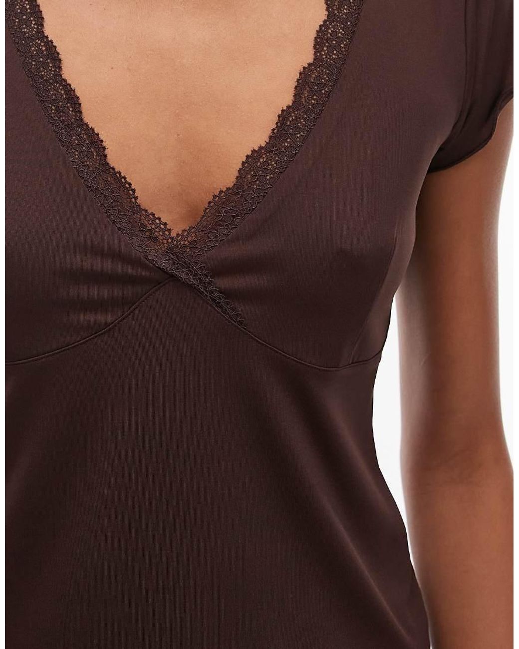 ASOS Brown Slinky Lace Trim V-neck Top