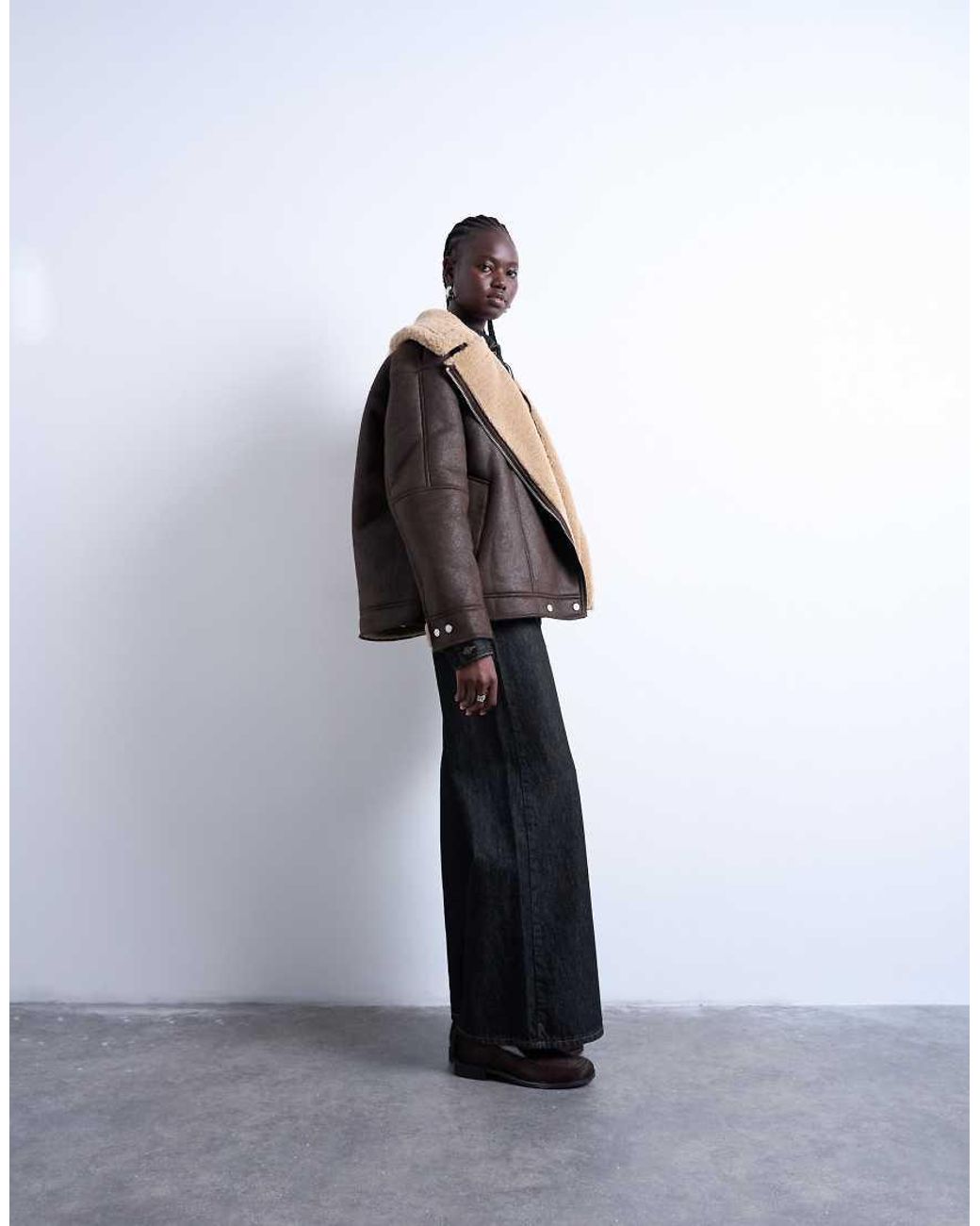 TOPSHOP Black Oversized Faux Shearling Aviator Jacket
