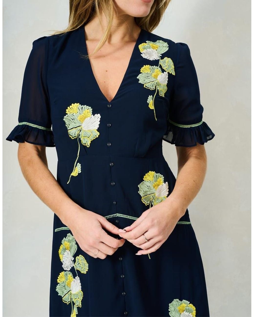 Hope & Ivy Blue The Ingrid Floral Embroidered Midi Dress With Frill Sleeves And Button Front