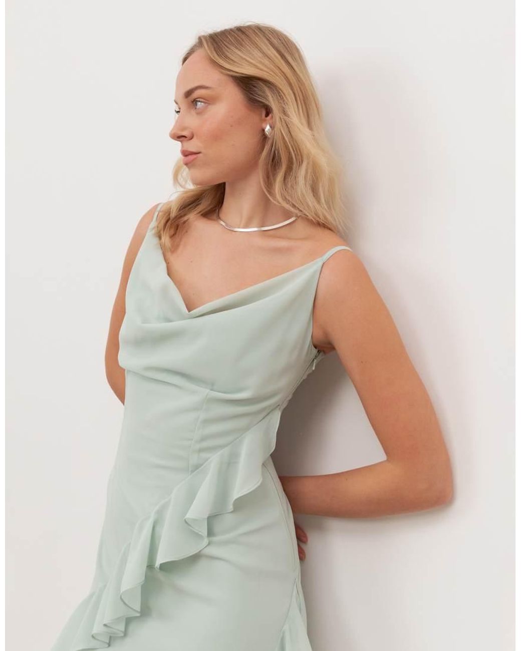 ANAYA Green Waterfall Ruffle Cowl Neck Cami Maxi Dress