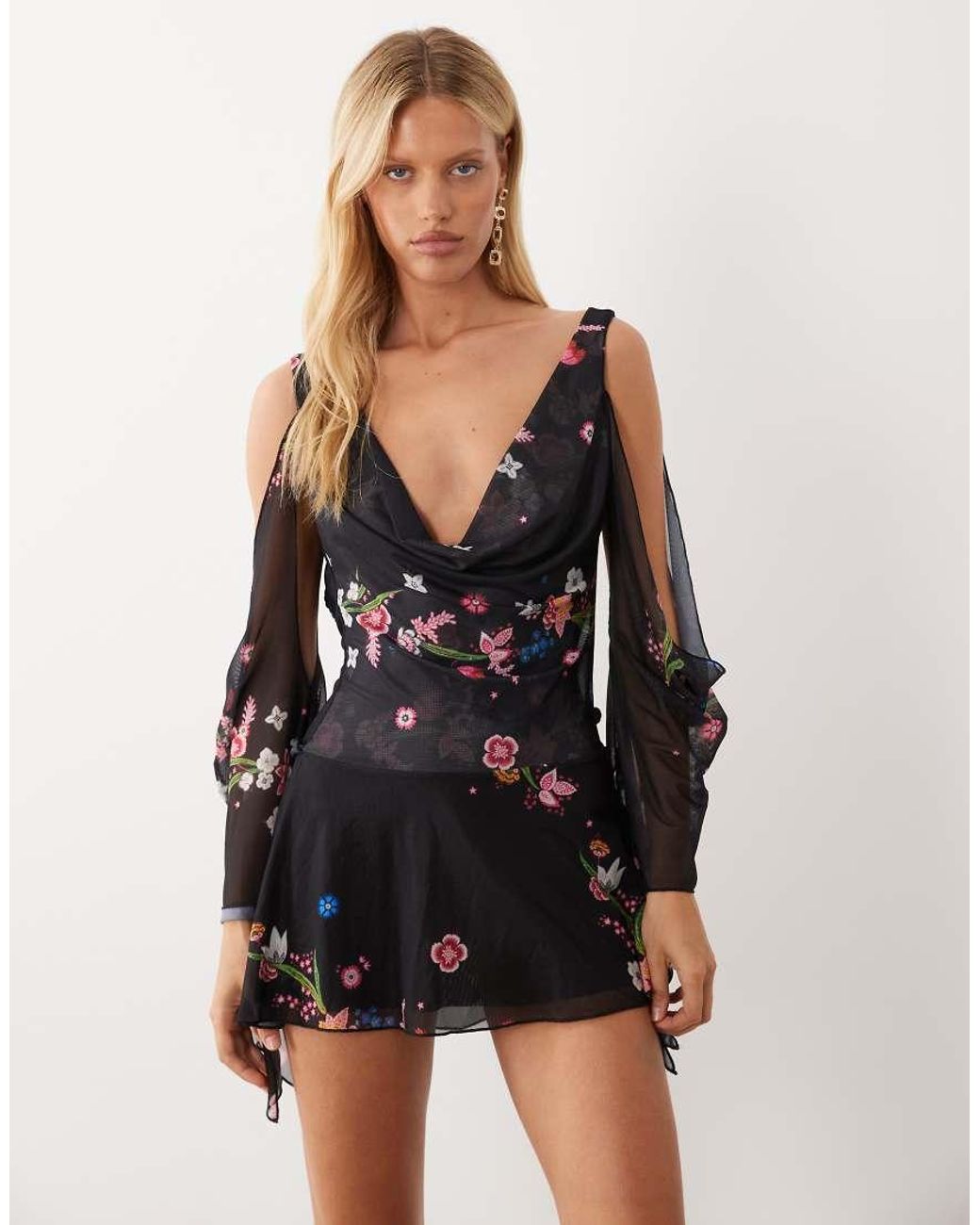I.AM.GIA Black Eriska Chiffon Plunge Off Shoulder Mini Dress With Open Back Detail