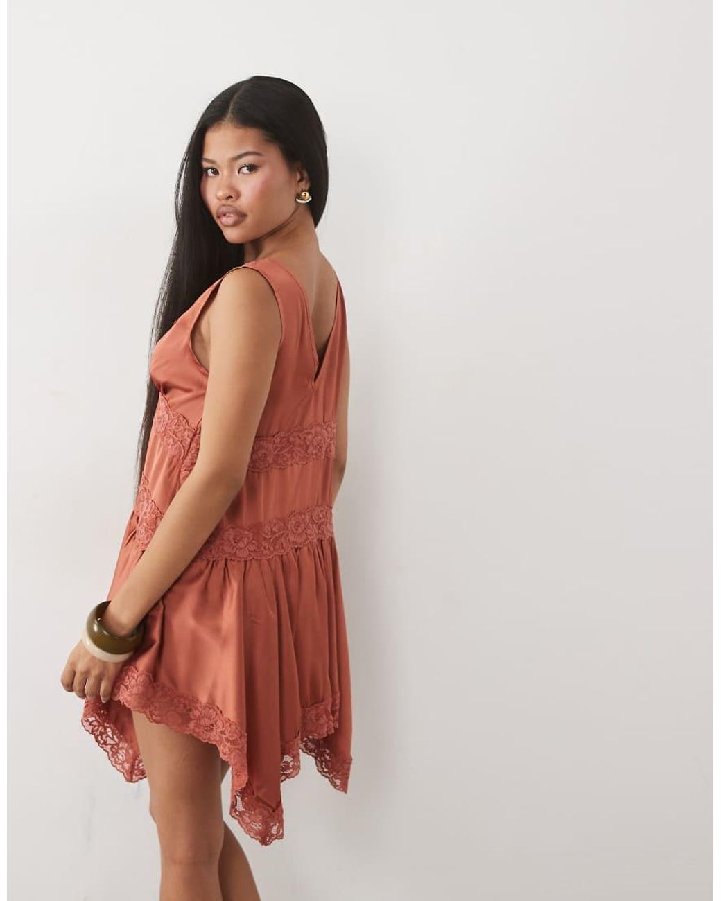 Miss Selfridge Red Boho Satin Lace Insert Hanky Hem Mini Dress