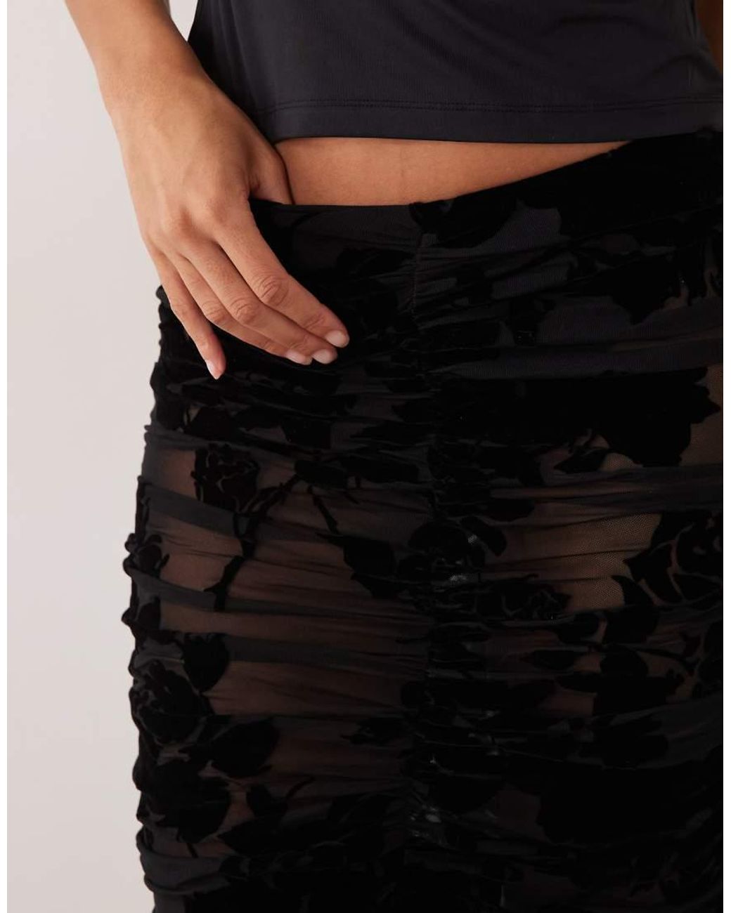 AFRM Black Flocked Mesh Mid Rise Elasticated Waistband Ruched Maxi Skirt