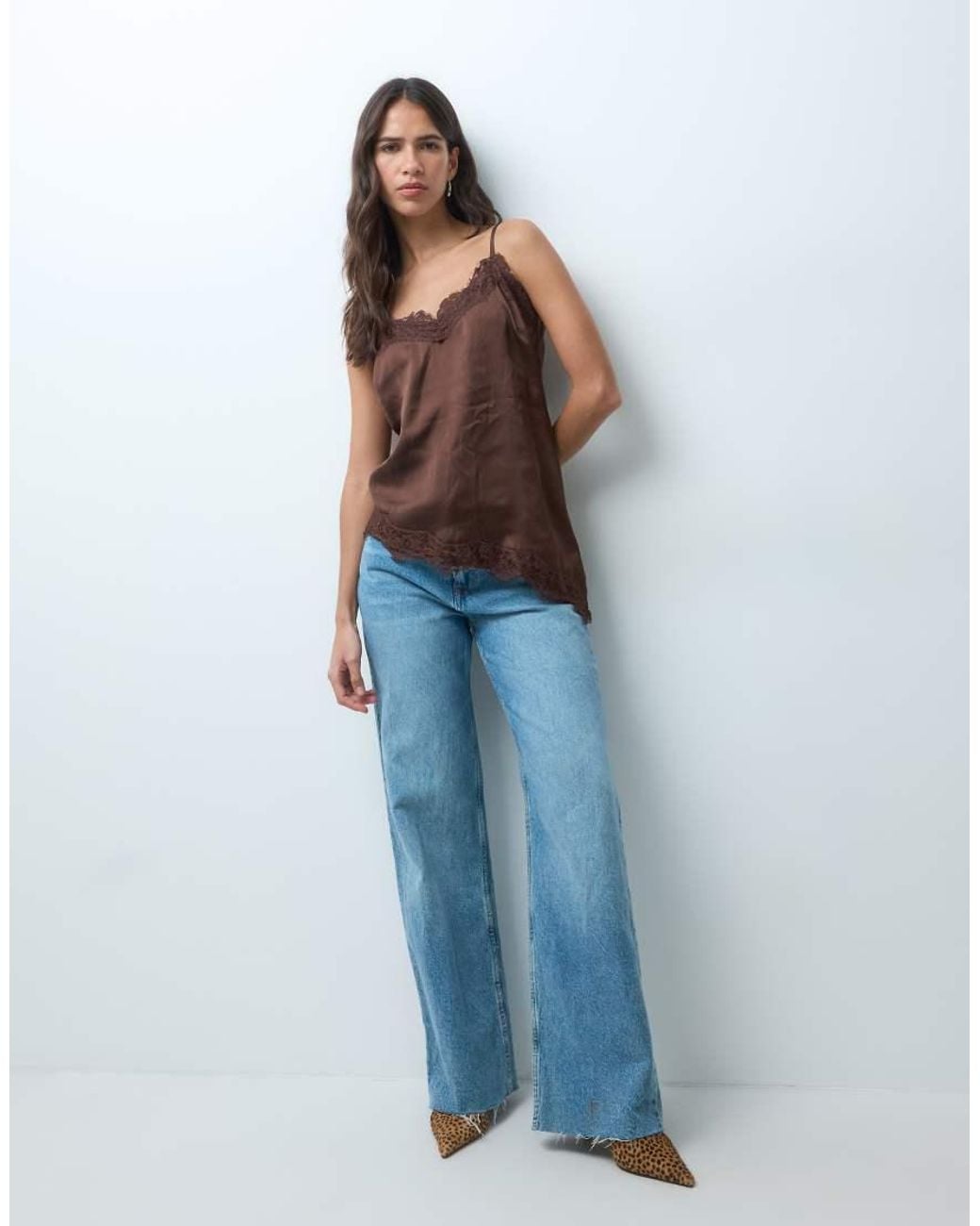 New Look Brown Longline Asymmetric Lace Trim Satin Cami Top