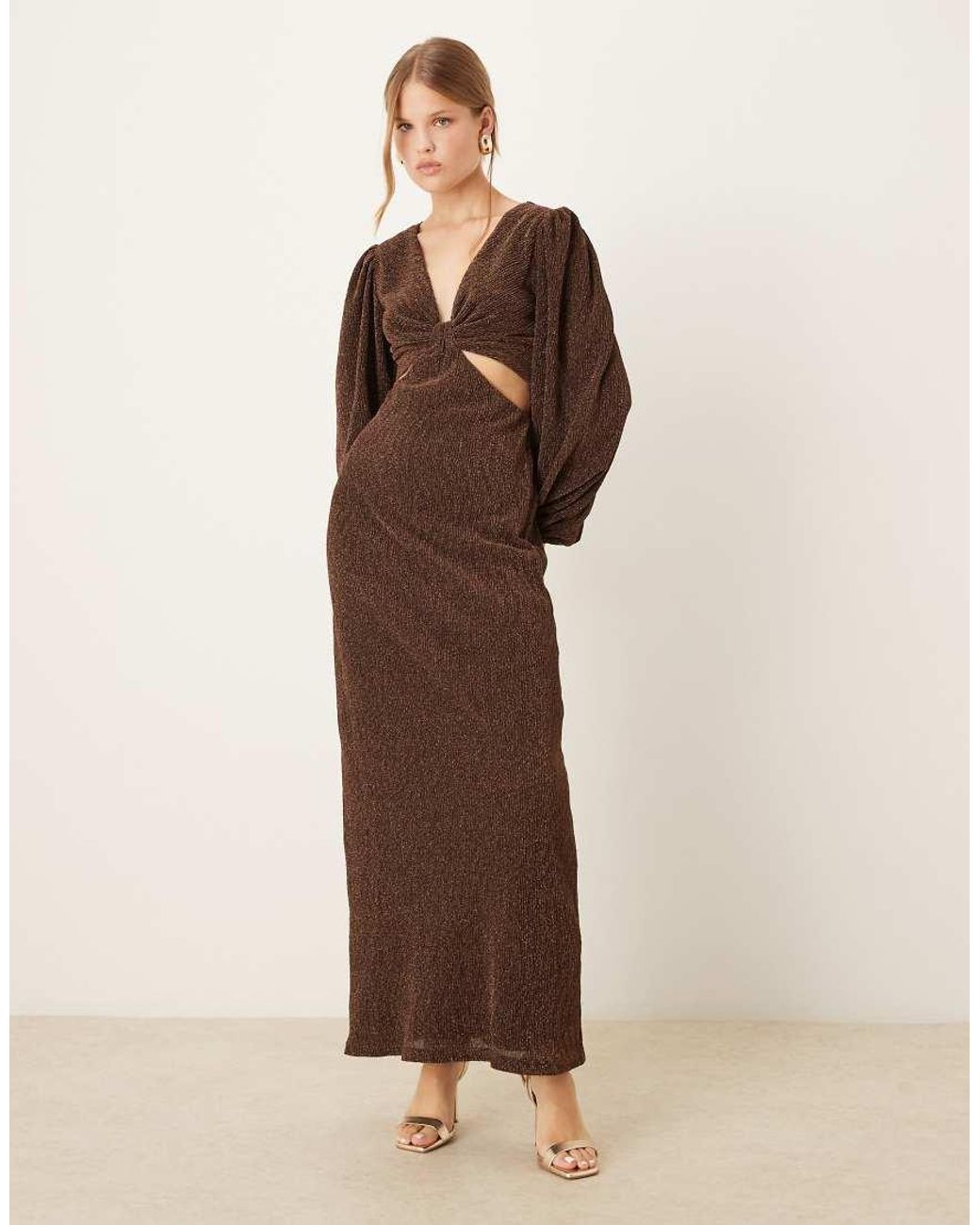 Pretty Lavish Brown Shimmer V Neck Balloon Sleeve Cut Out Maxi Dress