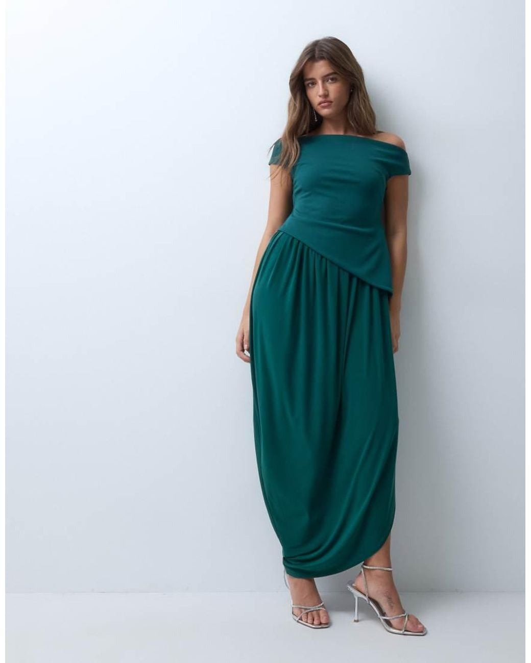 ASOS Green Off Shoulder Maxi Dress With Twisted Drape Skirt