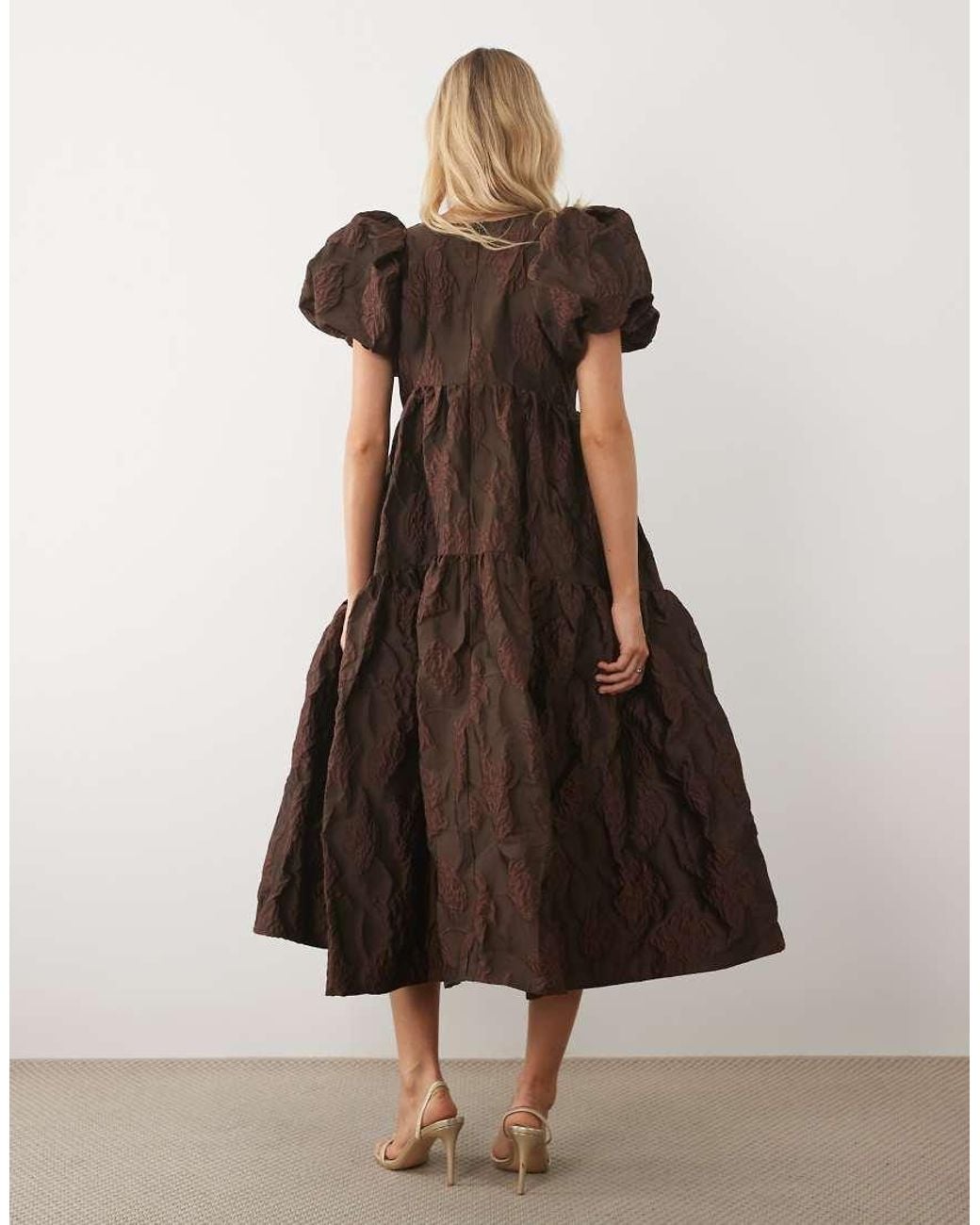 Sister Jane Brown Harmonia Exclusive Jacquard Puff Sleeve Midi Dress