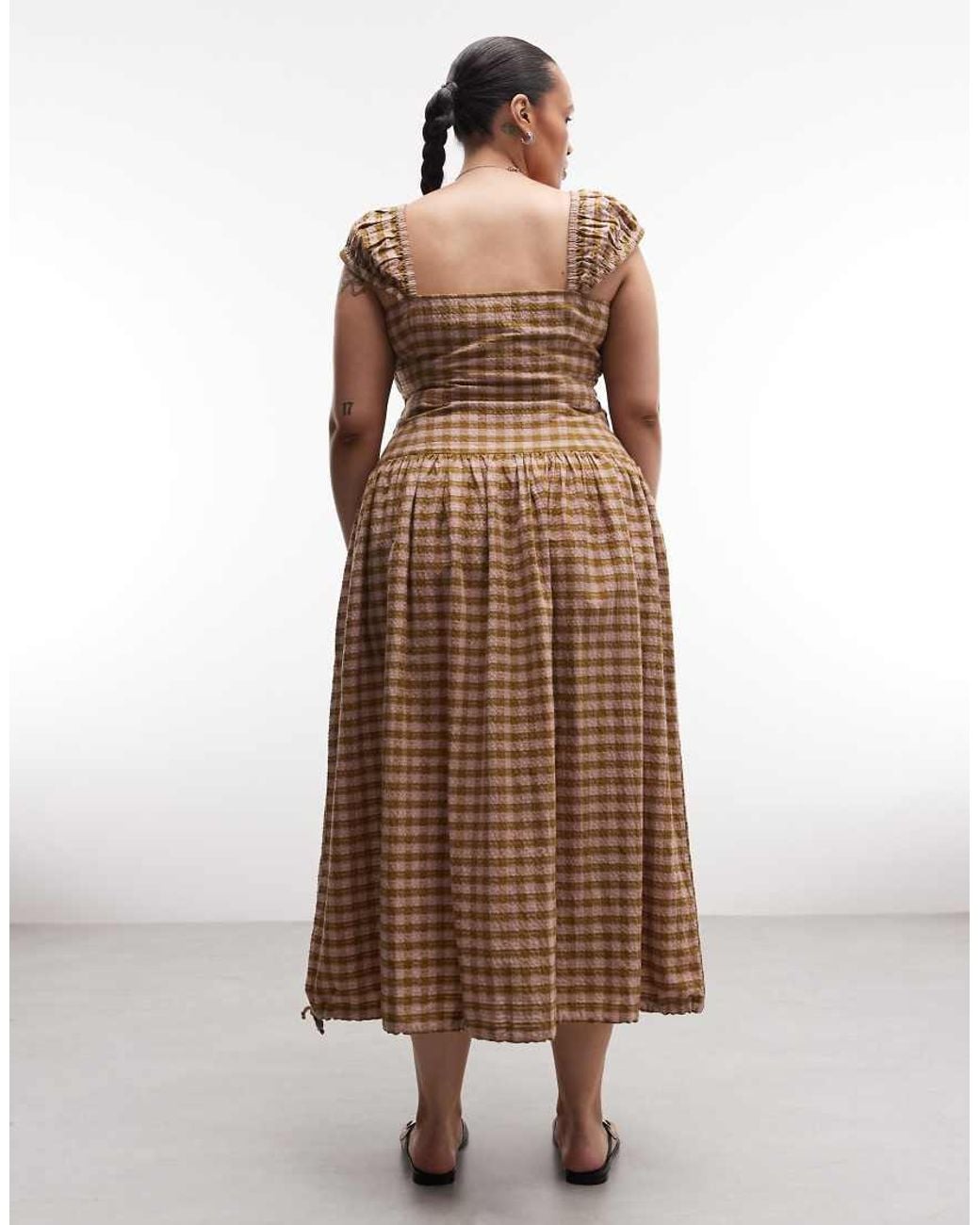 Collusion Brown Plus Shirred Cap Sleeve Midi Dress