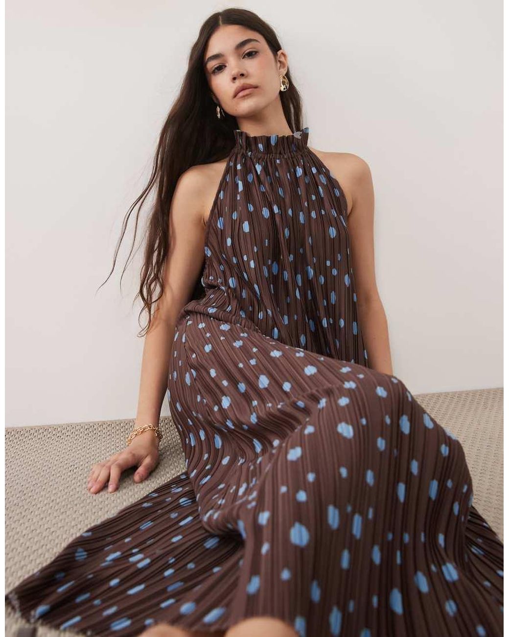 ASOS Brown Plisse Halterneck Midi Dress