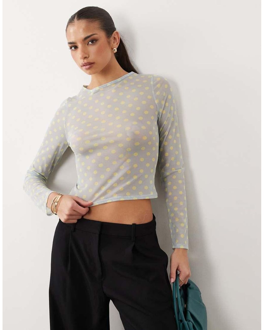 ASOS Gray Printed Mesh Long Sleeve Top