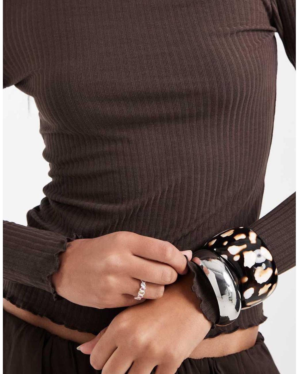 ONLY Brown High Neck Long Sleeve Top With Lettuce Edge