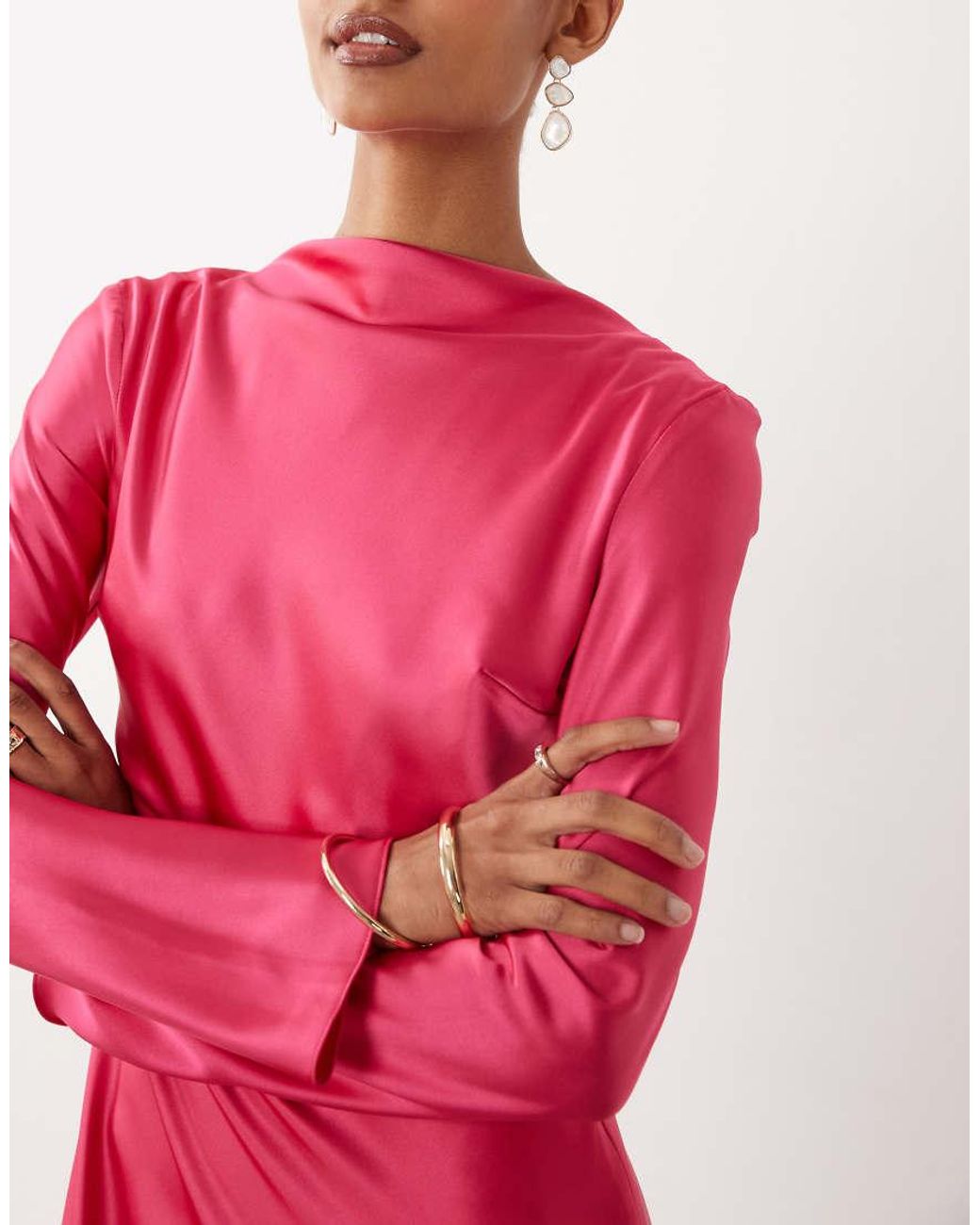 DASKA Pink Satin Bias Long Sleeve Seam Detail Maxi Dress