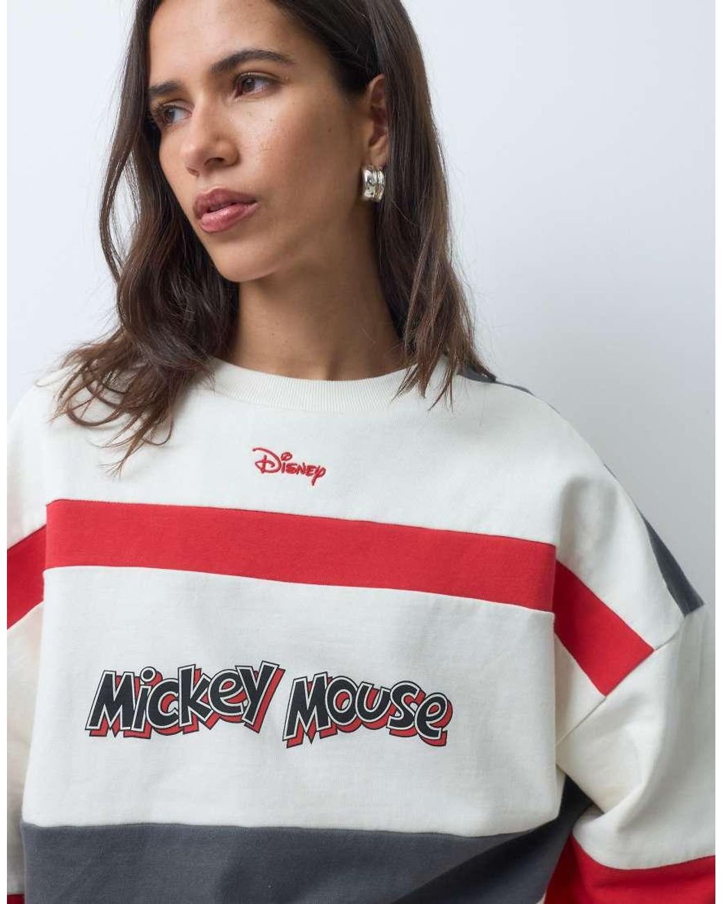 ASOS Gray Disney Stripe Contrast Sweatshirt With Mickey Mouse Print