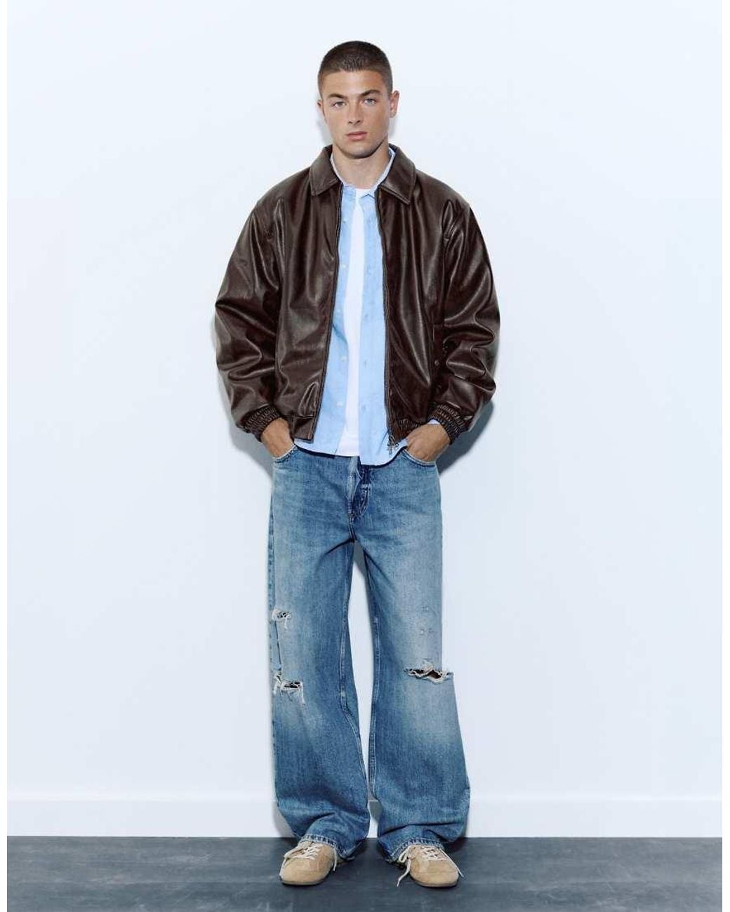 Pull&Bear Blue Leather-effect Jacket for men