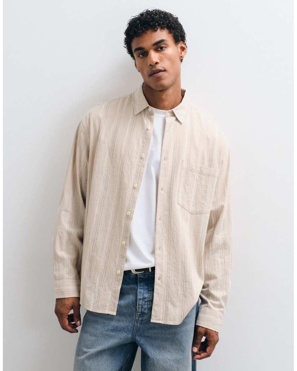 ASOS Natural Oversized Linen Look Stripe Shirt for men