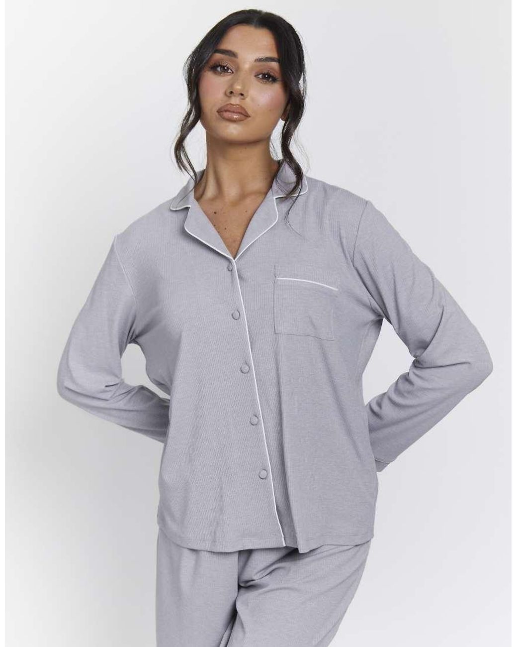 Loungeable Purple Rib Long Sleeve Traditional Shirt And Long Pant