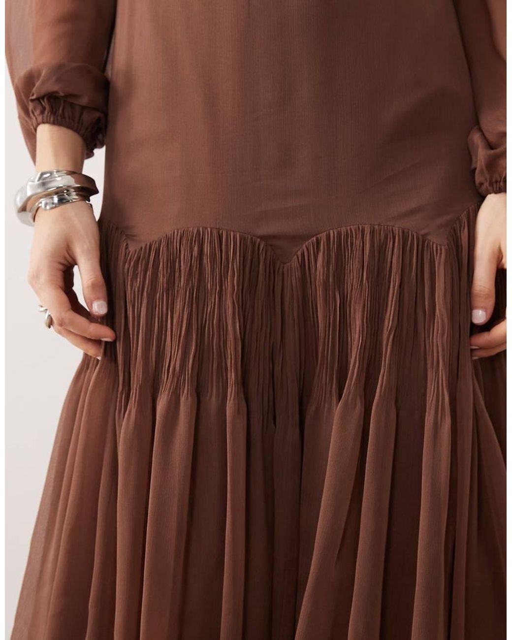 ASOS Brown Slash Neck Chiffon Godet Maxi Dress