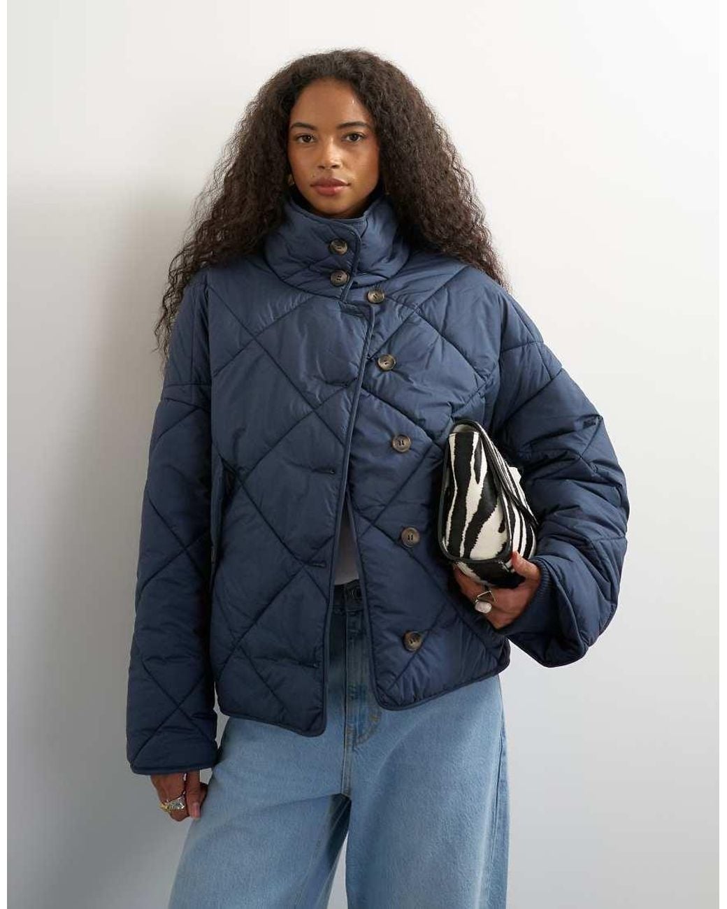 TOPSHOP Blue Quilted Button Through Puffer Jacket