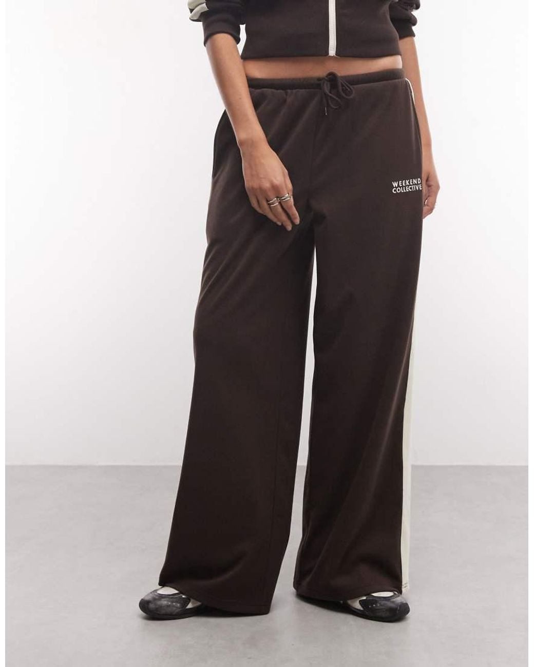 ASOS Brown Weekend Collective Co-Ord Micro Fleece Wide Leg Jogger With Side Stripe Detail