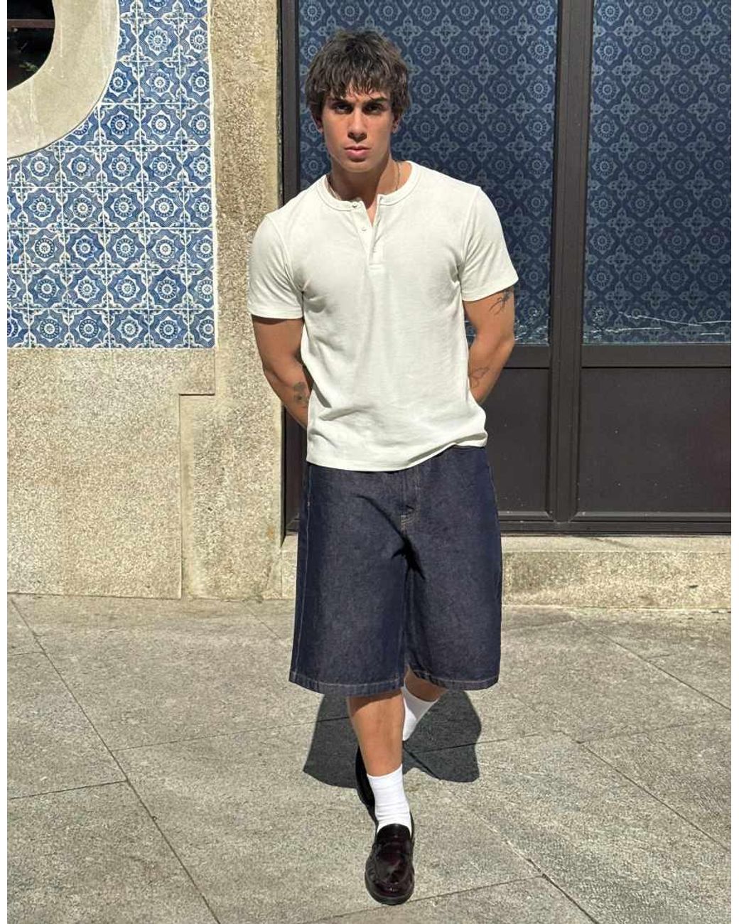 Bershka Blue Baggy Denim Bermuda Shorts for men