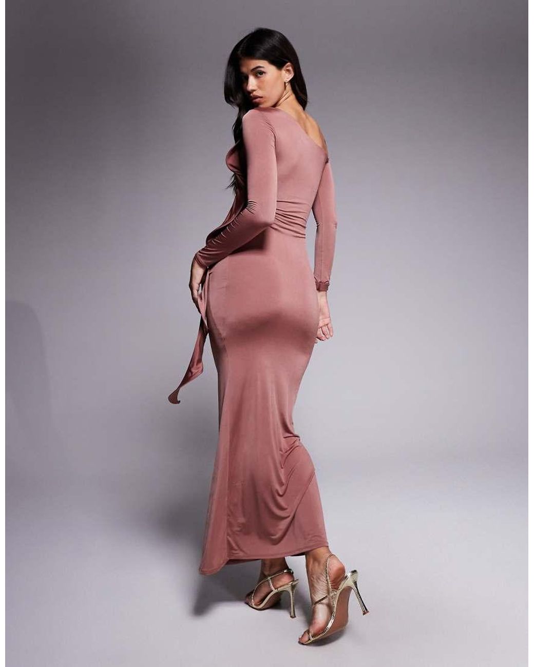 ASOS Brown Long Sleeve Structured Ruffle Midi Dress With Cut Out Detail