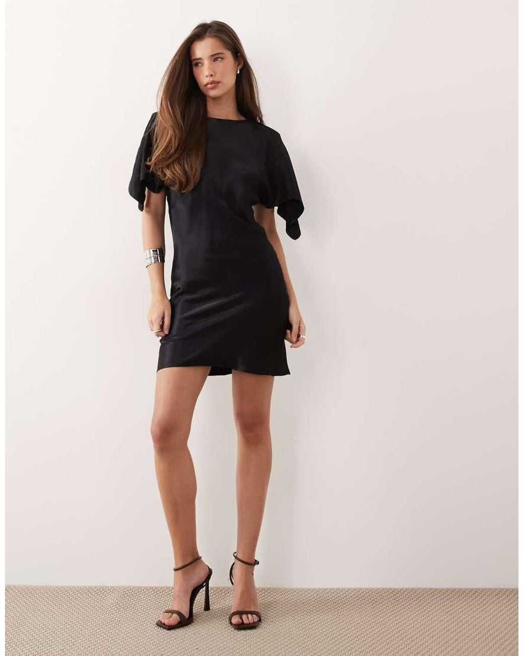 ASOS Black Satin Cape Sleeve Maxi Dress