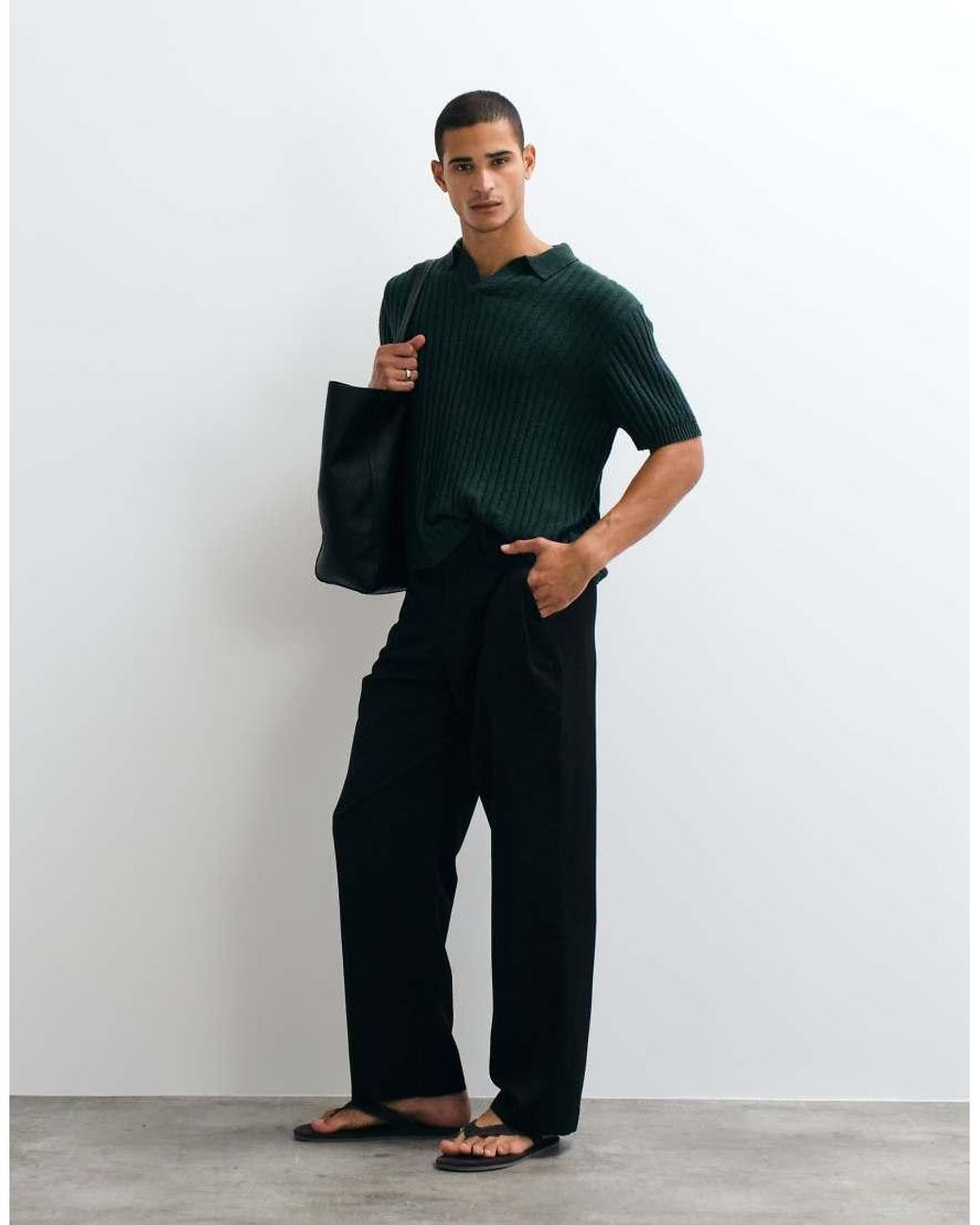ASOS Natural Oversized Knit Ribbed Texture Polo for men